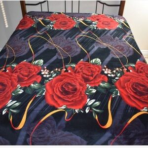 Vintage Full / Queen Blanket comforter BIG RED ROSE ROSES Floral Flower 77"x 92"